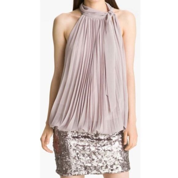 Cache Sequin Halter Mini Dress M Mauve Pink Sleeveless High Neck Pleated Party - Picture 1 of 7